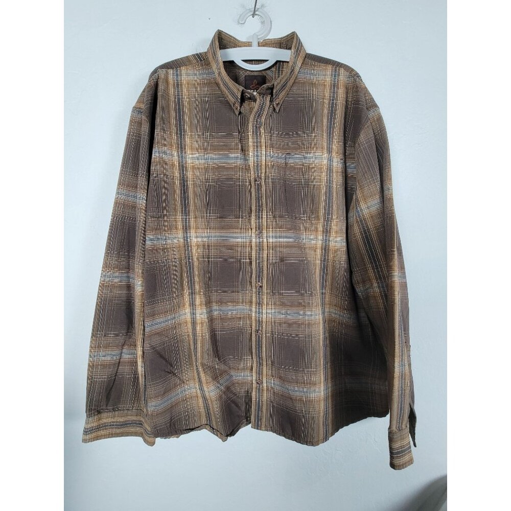 Prana Mens XXL Plaid Long Sleeve Button-Down Shirt Brown Organic Cotton Blend